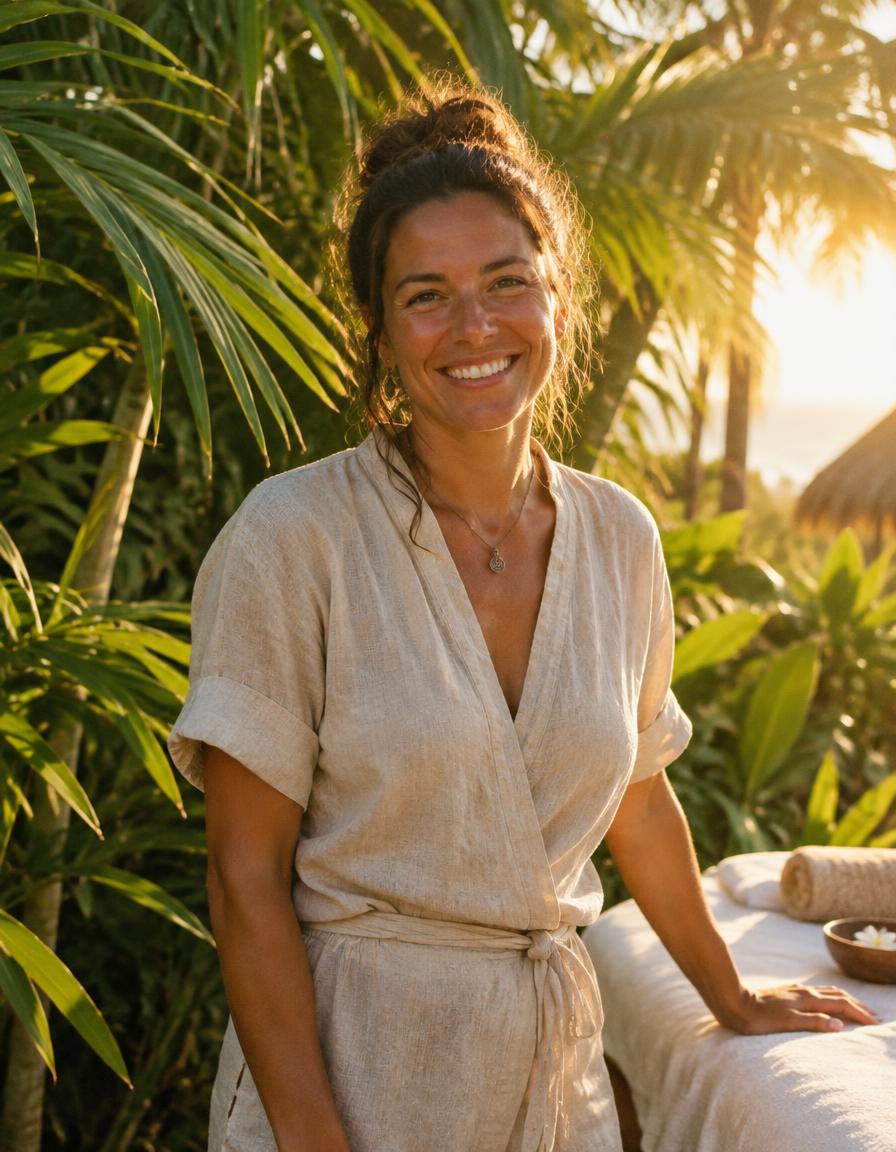 Portrait de Sandra, souriante, entourée de palmiers dans la lumière du soleil